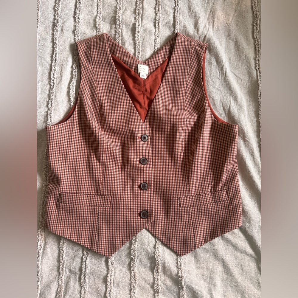 Plaid Button Up V-Neck Vest Size L